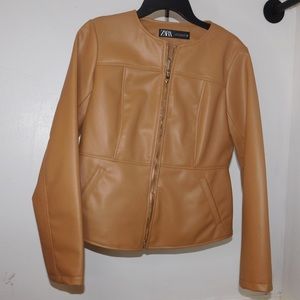 Zara Leather Jacket Flared Light Brown